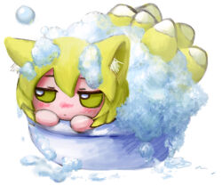 Rule 34 | 1girl, absurdres, animal ear fluff, animal ears, bathing, blonde hair, blush, chibi, closed mouth, fox ears, fox tail, fumo (doll), highres, in container, jitome, multiple tails, revealing clothes, short hair, simple background, soap bubbles, solo, tail, touhou, white background, yakumo ran, yakumora n, yellow eyes
