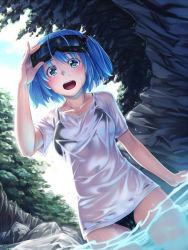 Rule 34 | 1girl, alternate costume, bikini, bikini under clothes, black bikini, blue eyes, blue hair, blush, goggles, goggles on head, h kasei, kawashiro nitori, looking at viewer, matching hair/eyes, open mouth, see-through, shirt, short hair, smile, solo, swimsuit, t-shirt, touhou, twintails, two side up, wading, water, wet, wet clothes