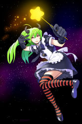 Rule 34 | 1girl, apron, black gloves, black thighhighs, bow, female focus, full body, gloves, green hair, highres, horns, kiharatotsunori, long hair, orange thighhighs, original, ponytail, red eyes, ribbon, shoes, smile, solo, space, star (symbol), striped clothes, striped thighhighs, thighhighs, twintails, v, wand