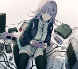Rule 34 | 1girl, black thighhighs, breasts, commentary request, controller, danganronpa (series), danganronpa 2: goodbye despair, game console, game controller, hair ornament, hairclip, handheld game console, highres, iumi urura, large breasts, looking at viewer, looking up, medium hair, nanami chiaki, nintendo 3ds, nintendo 64, nintendo switch, playstation 2, playstation vita, pleated skirt, purple eyes, purple hair, school uniform, seiza, sitting, skirt, solo, thighhighs, wariza