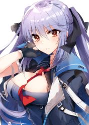Rule 34 | 1girl, azur lane, black gloves, black ribbon, blue cloak, blue dress, blue hair, blush, braid, breasts, cleavage, cleavage cutout, cloak, clothing cutout, collared cloak, collared dress, commentary request, dress, essex (azur lane), floating hair, french braid, gloves, hair ribbon, hand on own cheek, hand on own face, highres, kinona, long hair, looking at viewer, medium breasts, necktie, partially fingerless gloves, portrait, red necktie, ribbon, sketch, solo, twintails, white background, yellow eyes