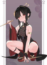 Rule 34 | 1girl, absurdres, age regression, aged down, armlet, bare arms, bare legs, black dress, black gloves, black hair, black ribbon, black socks, bob (pixiv49522586), bracelet, breasts, closed mouth, dagger, dress, fingerless gloves, full body, gloves, hair ornament, hair stick, hand up, highres, holding, holding weapon, jewelry, knees, knife, large breasts, leg ribbon, legs, looking at viewer, medium hair, pelvic curtain, pillarboxed, platform footwear, purple background, red eyes, red footwear, ribbon, sandals, sideboob, sidelocks, single fingerless glove, sleeveless, sleeveless dress, socks, spy x family, squatting, stiletto (weapon), thighs, weapon, yor briar