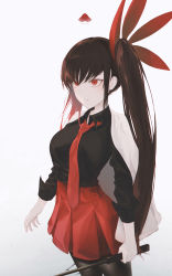 Rule 34 | 1girl, ha yuri zahard, highres, holding, holding riding crop, kofo, long hair, necktie, pantyhose, pleated skirt, red eyes, riding crop, shirt, side ponytail, skirt, solo, tagme, tower of god, white background