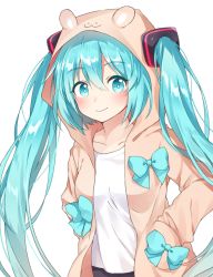 Rule 34 | 1girl, animal ears, animal hood, blue bow, blue eyes, blue hair, blush, bow, closed mouth, collared shirt, commentary request, hair between eyes, hair ornament, hands in pockets, hatsune miku, hood, hood up, hoodie, kaoling, long hair, looking at viewer, shirt, simple background, smile, solo, twintails, very long hair, vocaloid, white background, white shirt