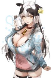 Rule 34 | 1girl, animal ears, animal print, barcode, barcode tattoo, bell, black hair, blush, bottle, breasts, collar, collarbone, cow ears, cow girl, cow horns, cow print, cow tail, cowboy shot, highres, holding, holding bottle, hood, horns, jacket, kim eb, large breasts, long hair, long sleeves, looking at viewer, milk, milk bottle, multicolored clothes, multicolored hair, neck bell, no pants, open mouth, original, partially unzipped, red neckwear, simple background, smile, solo, tag, tail, tattoo, thighhighs, white background, white hair, yellow eyes