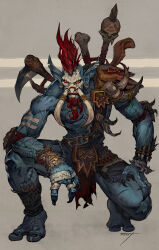Rule 34 | 1boy, armor, artist name, bandages, black claws, blue skin, claws, clenched teeth, colored skin, facial hair, fang, full body, glaring, goatee, grey background, highres, looking at viewer, mohican, monster, morry, muscular, pointy ears, red hair, scar, shoulder armor, skull, teeth, tribal, troll (warcraft), vol&#039;jin, warcraft, weapon, world of warcraft