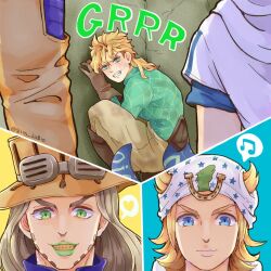 Rule 34 | 3boys, blonde hair, blue eyes, brown gloves, closed mouth, commentary request, diego brando, dinosaur tail, glasgow smile, gloves, green eyes, green lips, grm jogio, gyro zeppeli, hat, heart, highres, horseshoe ornament, johnny joestar, jojo no kimyou na bouken, long hair, long sleeves, looking at another, male focus, multiple boys, musical note, scary monsters (stand), smile, spoken heart, spoken musical note, stand (jojo), steel ball run, sweater, tail