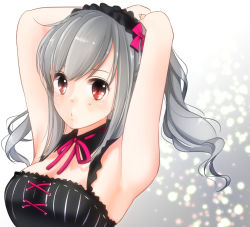 Rule 34 | 10s, 1girl, armpits, arms behind head, bad id, bad pixiv id, black one-piece swimsuit, blush, bow, breasts, cross-laced clothes, frilled swimsuit, frills, grey hair, hairband, idolmaster, idolmaster cinderella girls, izumil, kanzaki ranko, looking at viewer, neck ribbon, one-piece swimsuit, pink bow, red eyes, ribbon, short hair, solo, swimsuit, twintails