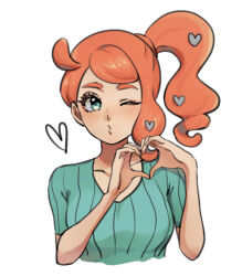 Rule 34 | 1girl, blush, closed mouth, collarbone, commentary request, creatures (company), echizen (n fns17), eyelashes, game freak, green eyes, green shirt, hair ornament, hands up, heart, heart hair ornament, heart hands, long hair, nintendo, one eye closed, orange hair, pokemon, pokemon swsh, ribbed shirt, shirt, short sleeves, side ponytail, simple background, single sidelock, solo, sonia (pokemon), upper body, white background