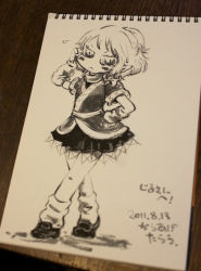 Rule 34 | &gt;:(, 10s, 1girl, 2011, arm warmers, frown, hand on own hip, hand on own face, karaagetarou, loafers, mizuhashi parsee, monochrome, photo (medium), pointy ears, scarf, shoes, short hair, skirt, socks, sweatdrop, touhou, traditional media, v-shaped eyebrows