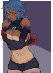 Rule 34 | 1girl, black shorts, black shrug, blue hair, breasts, closed mouth, colored extremities, corruption, covering breasts, covering privates, cowboy shot, crossed arms, dark aqua, glowing, glowing eyes, jewelry, kingdom hearts, medium breasts, micro shorts, navel, necklace, nervous sweating, orange eyes, porqueloin, red hands, shorts, solo, sweat, sweatdrop