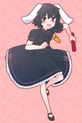 Rule 34 | 1girl, :d, alternate color, animal ears, animal print, black dress, black footwear, black hair, blush, carrot necklace, commentary request, dress, fang, flat chest, floppy ears, frilled dress, frills, full body, highres, holding, inaba tewi, jewelry, looking at viewer, mary janes, necklace, open mouth, print dress, rabbit ears, rabbit girl, rabbit print, red eyes, relay baton, ribbon-trimmed dress, shoes, short hair, skin fang, smile, solo, touhou, wrevhy