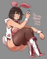 Rule 34 | 1girl, agawa ryou, animal ears, bare shoulders, boots, breasts, brown eyes, brown hair, brown thighhighs, commentary, cross-laced footwear, dark-skinned female, dark skin, dated, easter egg, egg, grey background, grin, high heel boots, high heels, jacket, lace-up boots, large breasts, looking at viewer, original, rabbit ears, rabbit tail, short hair, signature, simple background, sitting, smile, solo, tail, thighhighs, thighs, white footwear