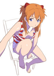 Rule 34 | 1girl, bad id, bad pixiv id, barefoot, blue eyes, chair, choobackers32, choobackers32 (pixiv200837), downblouse, feet, feet on chair, food, hair ornament, hairclip, mouth hold, neon genesis evangelion, orange hair, popsicle, shorts, sitting, sketch, solo, souryuu asuka langley, striped, tank top