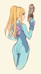 Rule 34 | 1girl, ass, blonde hair, blue eyes, bodysuit, breasts, cropped legs, from behind, gloves, hair tie, hand up, highres, holding, holding weapon, large breasts, long hair, metroid, nintendo, oxcoxa, ponytail, samus aran, skin tight, solo, weapon, zero suit