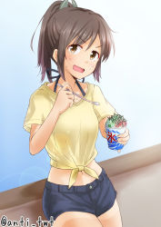 Rule 34 | 10s, 1girl, alternate costume, anti (untea9), blouse, blush, brown eyes, brown hair, casual, drinking straw, food, gradient background, highres, holding, holding drinking straw, i-401 (kancolle), kantai collection, lens flare, looking at viewer, midriff, navel, open mouth, ponytail, shaved ice, shirt, short hair, short ponytail, short shorts, shorts, solo, sweat, tan, tanline, tied shirt, twitter username, yellow shirt