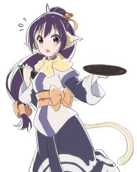 Rule 34 | 1girl, :o, animal ears, bad id, bad twitter id, blush, breasts, commentary request, cosplay, gochuumon wa usagi desu ka?, hair ornament, hair ribbon, holding, holding menu, holding tray, japanese clothes, kuon (utawarerumono), kuon (utawarerumono) (cosplay), long hair, long sleeves, looking at viewer, low-tied long hair, medium breasts, menu, obi, open mouth, orange ribbon, purple eyes, purple hair, red star (toranecomet), ribbon, sash, sidelocks, simple background, solo, standing, standing on one leg, tail, tedeza rize, tray, utawarerumono, utawarerumono: itsuwari no kamen, white background, wide sleeves