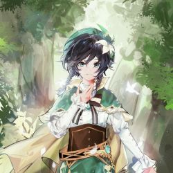 Rule 34 | 1boy, black hair, blue eyes, blue hair, bow, braid, brooch, cape, closed mouth, collared cape, collared shirt, corset, feathers, flower, forest, frilled sleeves, frills, gem, genshin impact, gradient hair, green hat, green shorts, hat, hat flower, jewelry, leaf, long sleeves, looking at viewer, male focus, multicolored hair, nature, remnant clouds, shirt, short hair with long locks, shorts, smile, solo, tree, twin braids, venti (genshin impact), vision (genshin impact), white flower, white shirt