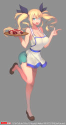 Rule 34 | 1girl, apron, bad id, bad pixiv id, blonde hair, blue eyes, breasts, character request, cleavage, female focus, food, full body, grey background, hair ornament, hairclip, highres, large breasts, long legs, m.a.d mafia is all dead, meat, open mouth, othel (hatimorris), plate, shoes, shorts, simple background, solo, steak, tray, twintails, watermark