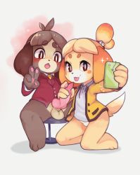Rule 34 | 1boy, 1girl, :3, animal crossing, animal ears, animal hands, animal penis, antenna hair, arm up, barefoot, bell, blonde hair, blouse, blush, bottomless, brother and sister, brown eyes, brown hair, cellphone, chair, cleft of venus, collaboration, digby (animal crossing), dog boy, dog ears, dog girl, dog tail, erection, fang, flat chest, full body, furry, grey background, hair bell, hair ornament, hair tie, hand up, handjob, happy, hetero, highres, holding, holding phone, incest, isabelle (animal crossing), jacket, jingle bell, kekitopu, kneeling, knotted penis, long sleeves, loose neckwear, neck ribbon, necktie, nintendo, open mouth, orange neckwear, outstretched arm, pawpads, penis, phone, pussy, red jacket, red ribbon, ribbon, selfie, shirt, short hair, siblings, simple background, sitting, smile, sparkle, spread legs, tail, testicles, tongue, tongue out, topknot, uncensored, v, white shirt, yellow jacket, zsloth