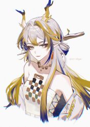 Rule 34 | 1girl, 5795648508, absurdres, arknights, bare shoulders, blonde hair, blue hair, branch, breasts, closed mouth, collarbone, cropped torso, dragon girl, dragon horns, earrings, eyeliner, grey eyes, grey hair, hair between eyes, hair ornament, hair stick, highres, horns, jacket, jewelry, lips, long hair, long sleeves, makeup, multicolored hair, off shoulder, open clothes, open jacket, pointy ears, red eyeliner, red pupils, shirt, shu (arknights), sidelocks, simple background, small breasts, smile, solo, strapless, strapless shirt, streaked hair, tassel, tassel earrings, white background, white jacket, white shirt