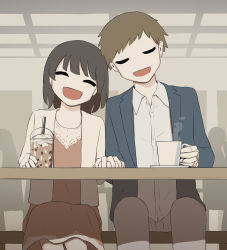 Rule 34 | 1boy, 1girl, :d, absurdres, avogado6, bench, blue jacket, blush, bob cut, brown hair, collared shirt, commentary request, couple, cup, dress, closed eyes, facing viewer, holding hands, head tilt, heads together, highres, holding, holding cup, indoors, interlocked fingers, jacket, long sleeves, on bench, open clothes, open jacket, open mouth, original, pants, pink dress, shirt, short hair, sitting, smile, table, white jacket, white pants, white shirt, wing collar