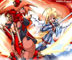 Rule 34 | 2girls, ahoge, aliasing, angel, angel wings, ass, battle, blonde hair, breasts, character request, cross, fire, halo, large breasts, magic: the gathering, multiple girls, one eye closed, orange hair, sword, tagme, tan, weapon, wildfire emissary, wings, yone88, yonezuka ryou