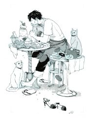 Rule 34 | 1boy, absurdres, animal, barefoot, bell, butter, cake, cat, closed mouth, collar, cookie, cupcake, doughnut, closed eyes, food, food bite, food on face, fork, from side, fruit, full body, greyscale, hauza0324, head rest, high heels, highres, holding, holding spoon, jingle bell, looking at another, looking at viewer, monochrome, original, pancake, pants, parfait, plate, profile, sandals, unworn sandals, shirt, shoes, unworn shoes, short hair, short sleeves, sitting, spoon, pancake stack, stool, strawberry, table, wafer, yamada rei (rou)