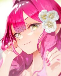 Rule 34 | 1girl, absurdres, baobhan sith (fate), blush, close-up, closed mouth, fang, fate/grand order, fate (series), flower, grey eyes, hair flower, hair ornament, hand in own hair, hand up, hands up, highres, iris (tb33064667), long hair, looking at viewer, nail polish, pink hair, pink nails, pointy ears, sidelocks, smile, solo, upper body, white background, white flower