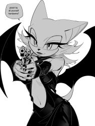 Rule 34 | 1girl, absurdres, alternate costume, animal ears, animal nose, bare shoulders, bat ears, bat girl, bat tail, bat wings, breasts, closed mouth, commentary, dress, english commentary, english text, eyelashes, eyeshadow, fingernails, furry, furry female, greyscale, gun, half-closed eyes, hands up, highres, holding, holding gun, holding weapon, lips, lipstick, makeup, medium breasts, monochrome, nail polish, navel, rouge the bat, simple background, sleeveless, sleeveless dress, smile, solo, sonic (series), speech bubble, tail, weapon, wings, xammyoowah