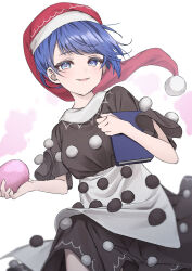 Rule 34 | 1girl, apron, black shirt, black skirt, blue eyes, blue hair, blush, book, colored smoke, commentary request, cowboy shot, doremy sweet, floating hair, hands up, hat, highres, holding, holding book, looking at viewer, nightcap, parted lips, pink smoke, pom pom (clothes), red hat, shirt, short hair, short sleeves, simple background, skirt, smile, smoke, solo, touhou, waist apron, wanko sora, white apron, white background