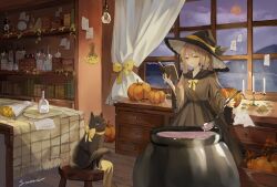 Rule 34 | 1girl, blue eyes, book, bottle, bouquet, bow, bowtie, brown hair, candle, candlestand, cat, chair, chest of drawers, cloud, cooking, curtains, flower, full moon, hair ribbon, halloween, hat, heterochromia, highres, holding, holding book, indoors, ladle, leaf, light bulb, long hair, long sleeves, moon, neck ribbon, night, note, original, paper, pumpkin, ribbon, shelf, signature, solo, sumi 0525, table, tablecloth, window, witch, witch hat, yellow eyes