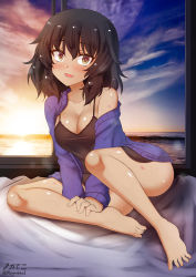 Rule 34 | 1girl, andou (girls und panzer), barefoot, bed, bite mark, black hair, black negligee, blush, breasts, brown eyes, cleavage, collarbone, girls und panzer, highres, large breasts, lingerie, looking at viewer, megadeko, negligee, on bed, open mouth, shiny skin, short hair, sitting, sky, smile, solo, underwear