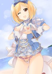 Rule 34 | 10s, 1girl, ;d, bad id, bad pixiv id, beach, blonde hair, bow, breasts, breasts out, brown eyes, day, djeeta (granblue fantasy), female pubic hair, gloves, granblue fantasy, hair bow, hairband, heart, heart cutout, heart hands, heart pasties, kimi to boku no mirai, looking at viewer, medium breasts, one eye closed, open mouth, panties, pasties, pubic hair, revealing clothes, sasakura, short hair, smile, solo, superstar (granblue fantasy), thighs, underwear, white gloves