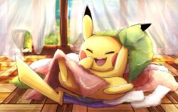 Rule 34 | :d, closed eyes, commentary request, creatures (company), curtains, game freak, gen 1 pokemon, glass, happy, indoors, nintendo, open mouth, pikachu, pokemon, pokemon (creature), sliding doors, smile, socks, teeth, tongue, towel, upper teeth only, uyumaru art, wooden floor