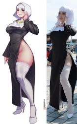 Rule 34 | 1girl, bokuman, breasts, cosplay, curvy, fate (series), full body, large breasts, nun, sessyoin kiara, smile, solo, standing, thick thighs, thighs