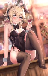 Rule 34 | &gt;:), 1girl, absurdres, animal ears, arm support, bare shoulders, black bow, black leotard, black thighhighs, blonde hair, blurry, blurry background, blush, bow, bowtie, breasts, cleavage, covered navel, cup, detached collar, drinking glass, closed eyes, fake animal ears, fake tail, feet, genshin impact, glint, highres, hisuka, holding, holding cup, indoors, jean (genshin impact), leotard, looking at viewer, medium breasts, no shoes, pants, playboy bunny, rabbit ears, rabbit tail, sitting, sitting on table, smile, solo, strapless, strapless leotard, tail, tavern, thighhighs, tight clothes, wine glass, wing collar, wrist cuffs
