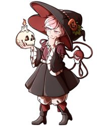 Rule 34 | 1girl, boots, candle, eyeball, food-themed hair ornament, frilled shirt collar, frills, hair ornament, halloween, halloween costume, hand on own chin, hat, heart, holding, komeiji satori, long sleeves, mefomefo, pink eyes, pink hair, puffy pants, pumpkin hair ornament, shoes, short hair, simple background, skull, solo, thinking, third eye, touhou, wide sleeves, witch, witch hat