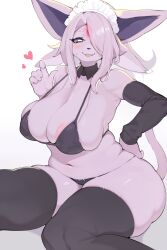 Rule 34 | 1girl, :3, animal ears, animal nose, areola slip, bare shoulders, bikini, black bikini, black sleeves, black thighhighs, blush, body fur, breasts, cameltoe, cleavage, colored sclera, creatures (company), detached collar, detached sleeves, espeon, faeki, female focus, forehead jewel, furry, furry female, game freak, gen 2 pokemon, glowing, hair over one eye, half-closed eyes, hand on own hip, hand up, happy, highres, huge breasts, looking at viewer, maid headdress, medium hair, nintendo, one eye covered, open mouth, personification, pink gemstone, pokemon, pokemon (creature), purple fur, purple hair, purple sclera, raised eyebrows, shiny skin, sidelocks, simple background, skindentation, smile, solo, string bikini, sweat, swimsuit, tail, tail raised, thick eyebrows, thick thighs, thighhighs, thighs, white background, white eyes, wide hips