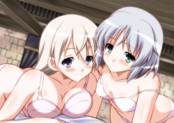 Rule 34 | 2girls, ass, bed, blue eyes, blush, bra, breasts, cleavage, closed mouth, eila ilmatar juutilainen, green eyes, grin, indoors, isa (ni-iro), large breasts, long hair, looking at viewer, multiple girls, on bed, panties, parted lips, sanya v. litvyak, short hair, small breasts, smile, strike witches, teeth, underwear, white bra, white hair, white panties, world witches series