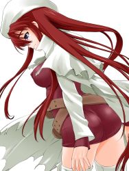Rule 34 | 1girl, ass, aty, aty (summon night), belt, belt skirt, beret, blue eyes, breasts, cape, covered erect nipples, hat, large breasts, long hair, red hair, shinama, solo, summon night, summon night 3, sweater, thighhighs