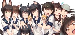 Rule 34 | 10s, 6+girls, alternate hairstyle, animal ears, animal hands, arm grab, ayanami (kancolle), black hair, blush, breasts, brown eyes, brown hair, bucket hat, cosplay, frown, fubuki (kancolle), gloves, green eyes, grin, hair between eyes, hand on another&#039;s head, hat, hat feather, hatsuyuki (kancolle), hug, i-401 (kancolle), ichikawa feesu, isonami (kancolle), kaban (cosplay), kaban (kemono friends), kaban (kemono friends) (cosplay), kantai collection, kemono friends, kemonomimi mode, kotori photobomb, long hair, looking at another, looking at viewer, miyuki (kancolle), multiple girls, open mouth, parody, paw gloves, paw pose, photobomb, sailor collar, school uniform, shikinami (kancolle), shirayuki (kancolle), short hair, short sleeves, short twintails, small breasts, smile, twintails, upper body, uranami (kancolle), yellow eyes