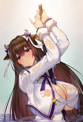 Rule 34 | 1girl, animal ears, azur lane, between breasts, breasts, brown hair, cleavage, cow ears, cow girl, cow horns, hair between eyes, hair ornament, head tilt, highres, holding, holding sword, holding weapon, horns, huge breasts, kashino (azur lane), katana, long hair, long sleeves, looking at viewer, parted lips, partially submerged, purple eyes, satou daiji, see-through, solo, sword, water, weapon, wet, wet clothes