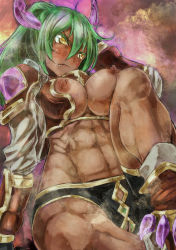 Rule 34 | 1girl, abs, bad id, bad pixiv id, barbara (p&amp;d), breasts, censored, character name, colored eyelashes, crotchless, crotchless panties, dark-skinned female, dark skin, fang, female pubic hair, green hair, horns, large breasts, long hair, nipples, open clothes, open shirt, panties, pubic hair, pussy, puzzle &amp; dragons, shirt, slit pupils, solo, sweat, tan, underwear, yellow eyes, yohane