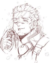 Rule 34 | 1boy, blush, chocolate, cross, cross necklace, flower, happy, highres, jacob (housamo), jewelry, kiekoio, looking at viewer, male focus, mouthful, necklace, one eye closed, sketch, smile, snow goggles, tokyo houkago summoners, white background