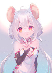 Rule 34 | 1girl, :3, ahoge, animal ear fluff, animal ears, bare shoulders, breasts, commentary, copyright request, detached sleeves, dress, hair between eyes, hair ribbon, highres, index finger raised, kusumoto shizuru, long hair, looking at viewer, low twintails, medium breasts, mouse ears, red eyes, ribbon, side slit, simple background, smile, solo, strapless, strapless dress, twintails, upper body, white background, white dress, white hair, white ribbon
