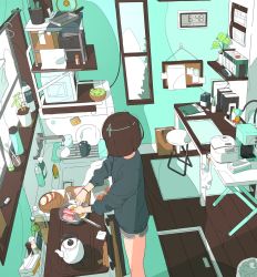 Rule 34 | 1girl, akabane 1999, bad id, bad pixiv id, bag, bob cut, book, bowl, bracelet, breakfast, brown hair, bulletin board, cactus, calendar (object), chair, clock, commentary, cooking, cup, cutting board, digital clock, egg, egg (food), facing away, faucet, feet out of frame, food, from above, frying pan, grey sweater, highres, indoors, jewelry, kettle, mug, original, pencil sharpener, plant, plate, potted plant, room, shelf, short hair, shorts, sink, soap bottle, solo, standing, stool, sunny side up egg, sweater, table, tissue box, toothbrush, window