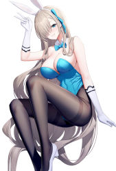 Rule 34 | 1girl, arm up, asuna (blue archive), asuna (bunny) (blue archive), bare shoulders, black pantyhose, blue archive, blue bow, blue bowtie, blue eyes, blue leotard, blue ribbon, bow, bowtie, breasts, cleavage, collar, commentary request, detached collar, elbow gloves, gloves, grin, hair over one eye, hair ribbon, high heels, highres, large breasts, leotard, long hair, looking at viewer, mole, mole on breast, pantyhose, playboy bunny, ribbon, ririko (zhuoyandesailaer), shoes, simple background, sitting, smile, solo, strapless, strapless leotard, thighband pantyhose, v, very long hair, white background, white collar, white footwear, white gloves, wing collar