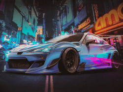 Rule 34 | car, glowing, headlight, highres, motor vehicle, new york city, night, no humans, original, outdoors, photo background, real world location, road, spoiler (automobile), sports car, street, times square, toyota, toyota 86, tsu-chan, vehicle focus