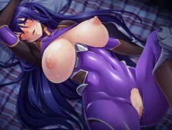 Rule 34 | 1girl, akiyama rinko, aoi nagisa (metalder), bed, blue hair, blush, bodysuit, breasts, cameltoe, cleavage, curvy, game cg, happy, huge breasts, lilith-soft, long hair, looking at viewer, lying, moaning, nipples, on back, on bed, ponytail, puffy nipples, pussy, pussy juice, shiny skin, smile, solo, taimanin (series), taimanin yukikaze, taimanin yukikaze 2, very long hair